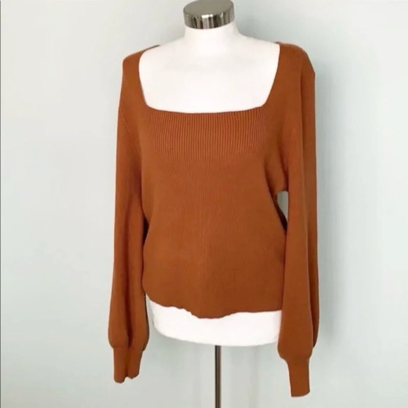Sz S women’s ribbed square long sleeve puff pull over sweater brick red new - Picture 5 of 6